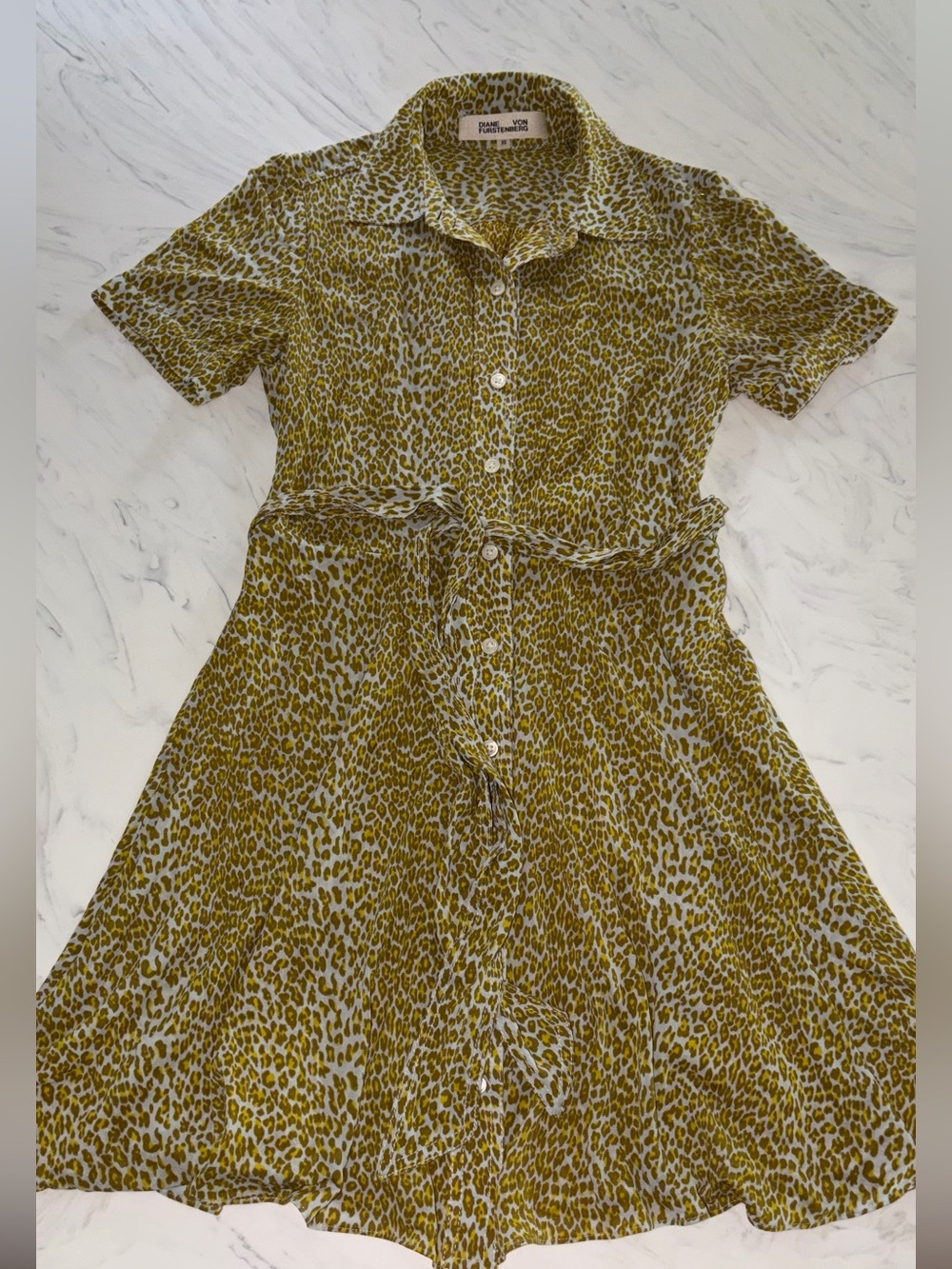 Diane Von Furstenburg Jett Green yellow leopard Print Jersey Mini Shirt Dress xs